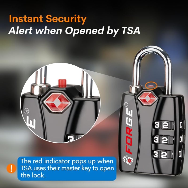 Forge TSA Approved Luggage Locks for School, Gym, Suitcase, Baggage, and Locker. Open Alert Indicator, Easy Read Dials, Alloy Body. Matte Black, 2-Pack. - Image 3